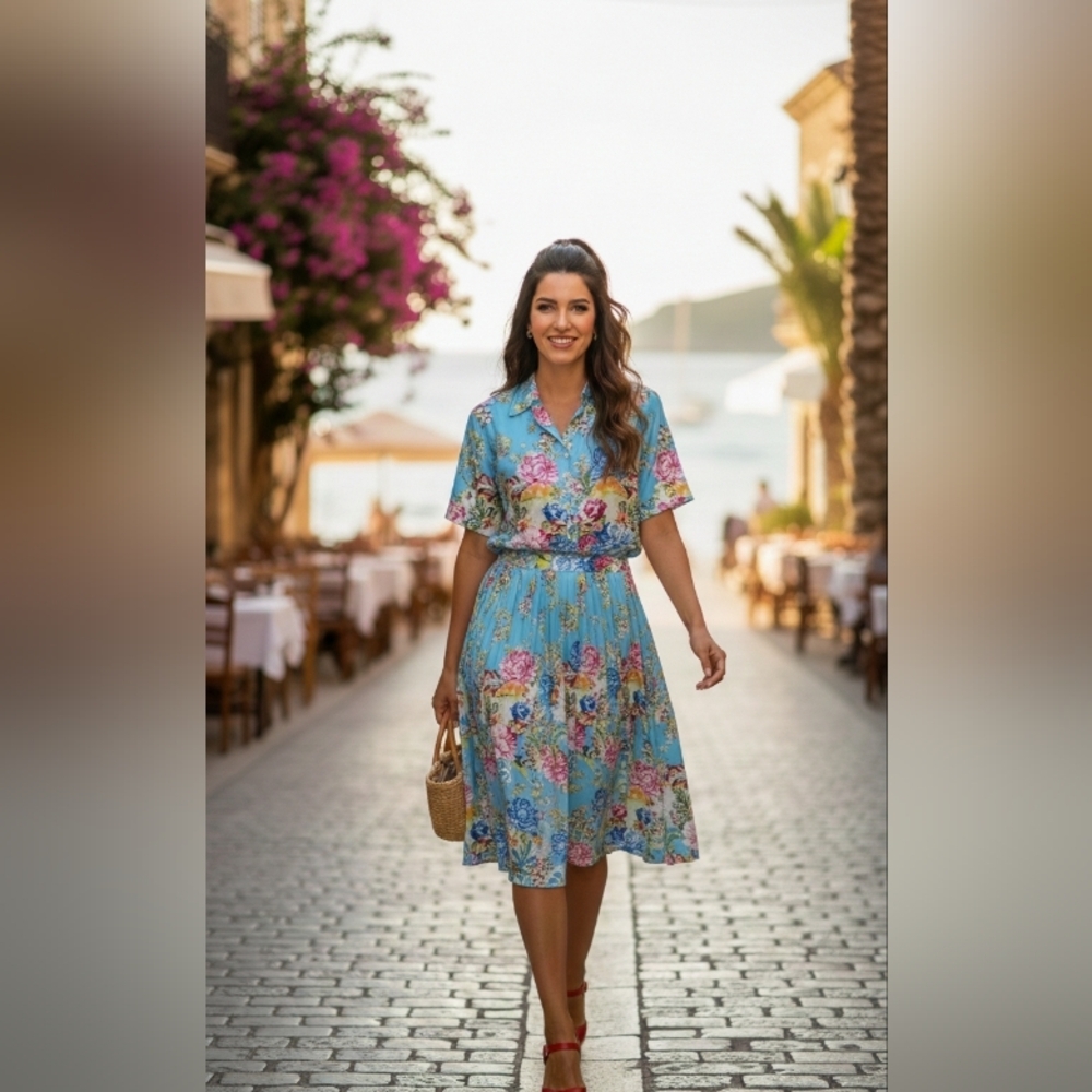 Hippie Floral Butterfly Pleated mushroom Dress in Blue